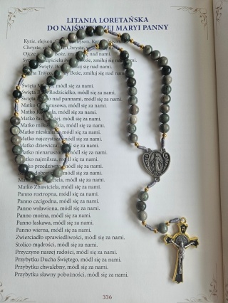 Różaniec na szyję Matka Boża Niepokalana jaspis morski